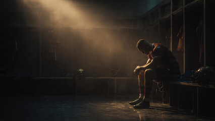 Sad male athlete in dimly lit locker room suitable for sports articles, mental health blogs, or illustrating defeat in competitions.