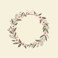 Fototapeta premium Delicate Floral Wreath with Pink Blossoms and Green Leaves.