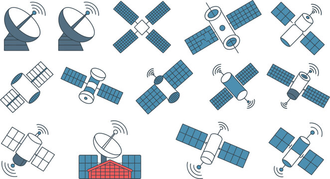 Satellite communication icon set featuring space satellites and ground parabolic dishes for signal transmission technology and global connectivity vector design