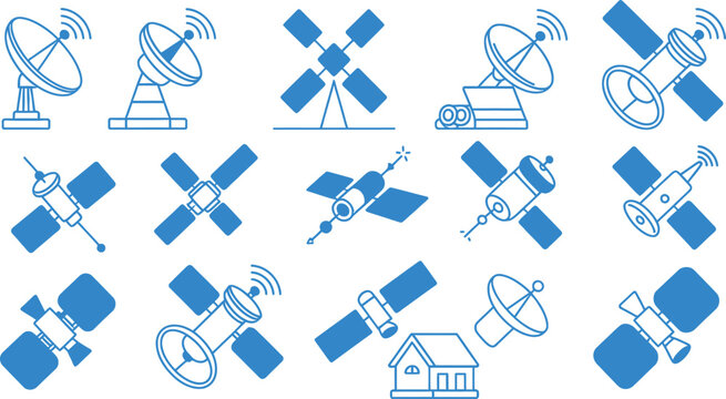 Satellite communication icon set featuring space satellites and ground parabolic dishes for signal transmission technology and global connectivity vector design