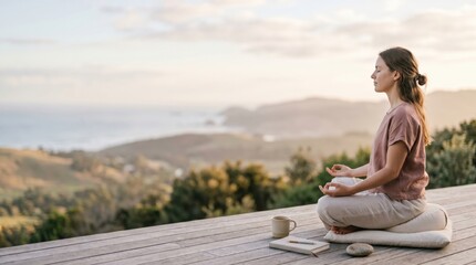 Fototapeta premium Young woman meditating in lotus pose on wooden deck overlooking scenic landscape at sunset