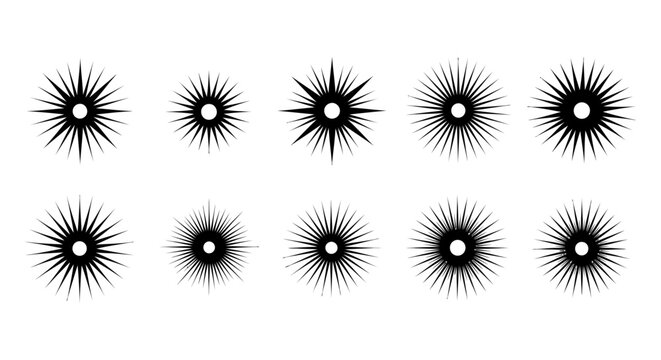collection of ten black starburst graphic elements on a white background