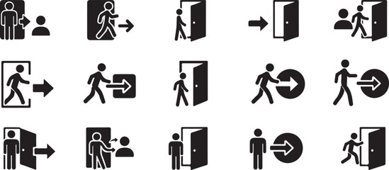 Various stick figures walking through doors with arrows  direction signs © Sanzida
