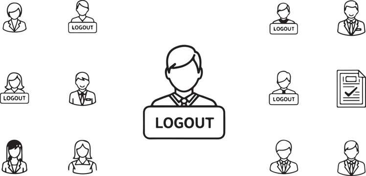Logout icons with people and a document on white background