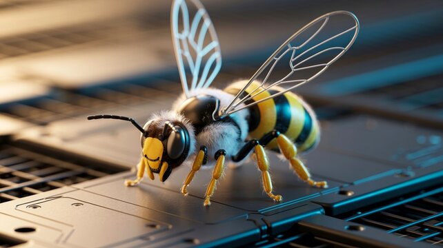 Futuristic robotic bee standing on an advanced microchip surface, blending artificial intelligence and nature with glowing cinematic lighting for biomimicry concepts.