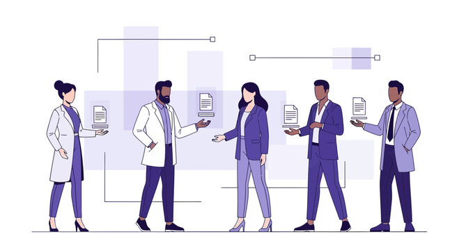 Diverse team collaboration with document sharing and data visualization for corporate project