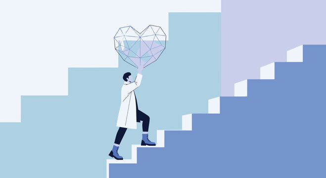 Doctor climbs stairs carrying geometric heart, symbolizing health, care, and medical progress