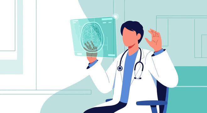 Doctor examining brain scan with advanced technology in a medical setting illustration