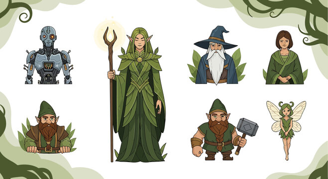 Diverse fantasy characters group illustration: elf, wizard, dwarf, cyborg, fairy and serene woman