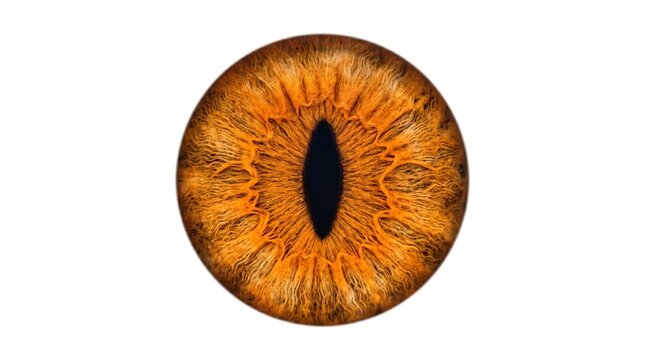 Detailed close-up of a captivating feline eye with striking amber and brown tones, showcasing intricate iris patterns and a vertical pupil, evoking a sense of wildness and mystery