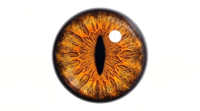 Captivating close-up of an amber animal eye with a striking vertical pupil, showcasing intricate golden and brown patterns on a pristine white background, evoking wild mystery and sharp focus