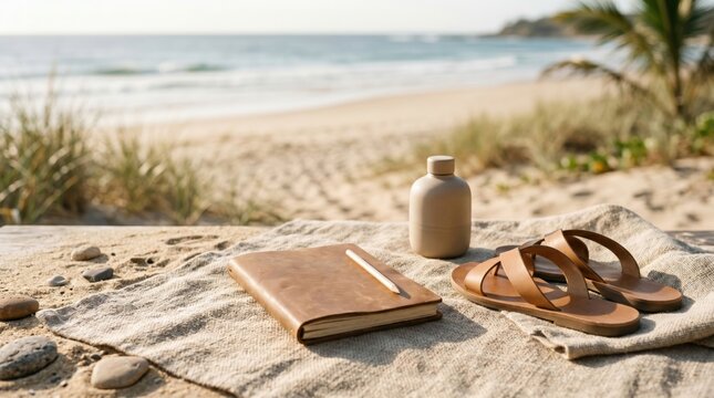 Minimalist Beach Journaling Setup with Leather Notebook and Sandals on Linen Cloth