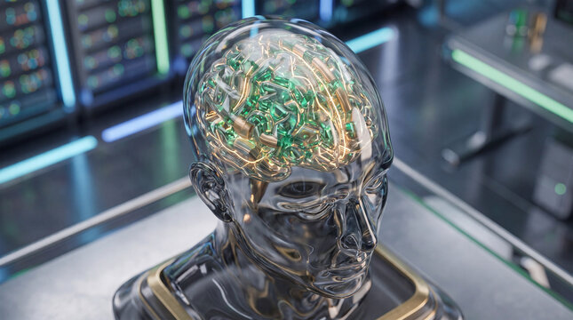 A futuristic robotic head with an open transparent brain showing green and gold circuits on a metallic stand in a hightech laboratory setting with screens