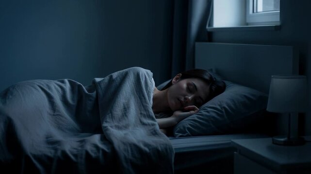 Peaceful night scene of a young woman sleeping soundly in a cozy bed under soft blankets