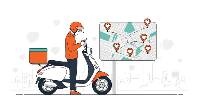Delivery Rider with Scooter Checks Map App for Food Delivery Routes with Heart Icons