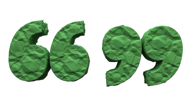 Green paper quotation marks (double quotes) with crumpled texture, isolated on transparent background