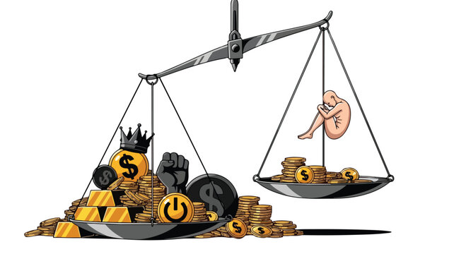 Wealth versus health on a balance scale with gold coins and money on one side and a human heart on the other