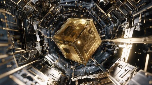 Abstract 3D Technology Core Background with Glowing Golden Metallic Cube Processor and Complex Mechanical Structure. Concept Design for Quantum Computing, AI Chip, Data Server, and Advanced Manufactur