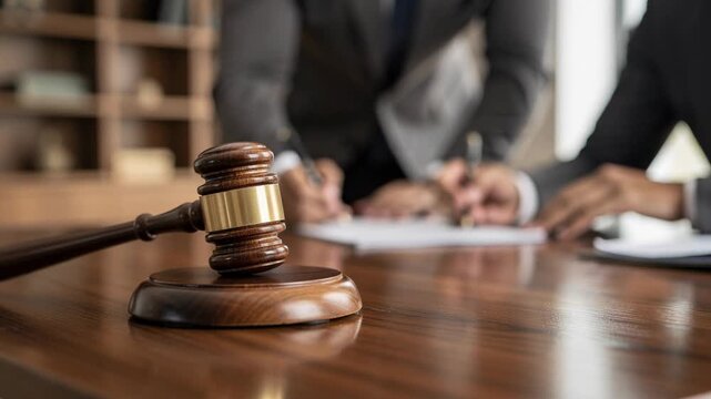 Courtroom scene with judge's gavel in focus and lawyers finalizing legal documents in a professional setting