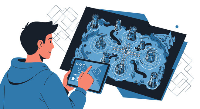 Digital strategist crafting immersive game worlds on interactive interface device