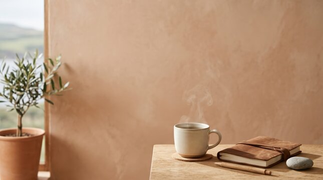 Cozy Morning Coffee with Leather Notebook and Olive Tree on Wooden Table
