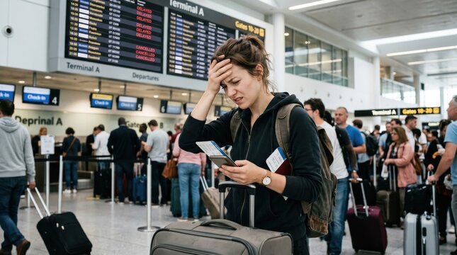 Stressed young woman checking flight status on phone at busy airport terminal
