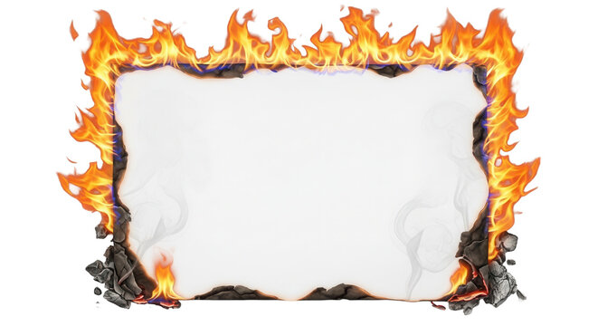 Burning paper sheet with flames and charred edge, isolated on transparent background. Fire hazard, destruction, and dramatic blank template with copy space