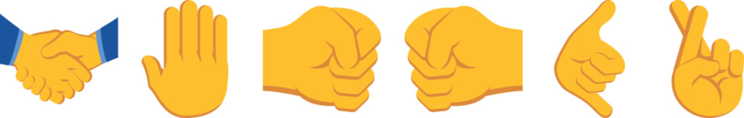 Collection of hand gesture emoji icons featuring handshake, stop sign, thumbs up, thumbs down and crossed fingers symbols. Flat cartoon hand emoticons isolated on gray background. Vector reaction  © Parul