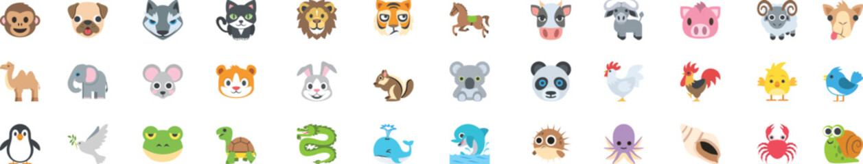 Collection of cute animal emoji icons featuring wild animals, pets, birds, sea creatures and farm animals for nature concepts. Flat cartoon animal emoticons isolated on gray background. Vector © Parul