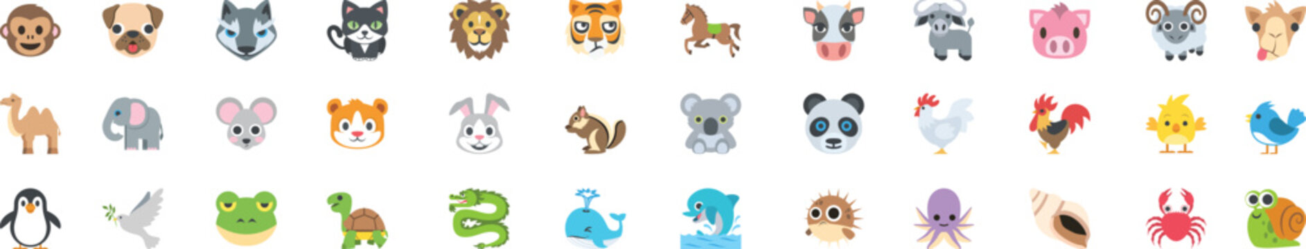Collection of cute animal emoji icons featuring wild animals, pets, birds, sea creatures and farm animals for nature concepts. Flat cartoon animal emoticons isolated on gray background. Vector