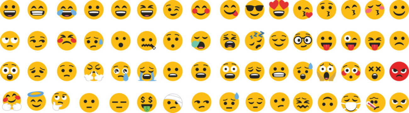 Large collection of emoji faces featuring happy, sad, angry, sleepy, sick and funny expressions for communication concepts. Flat cartoon emoticons isolated on gray background. Vector reaction icon set