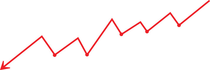 Fototapeta premium Red upward trending line graph with arrow showing financial growth, market recovery and business performance analytics. Minimal chart illustration isolated on gray background. Vector economic progress