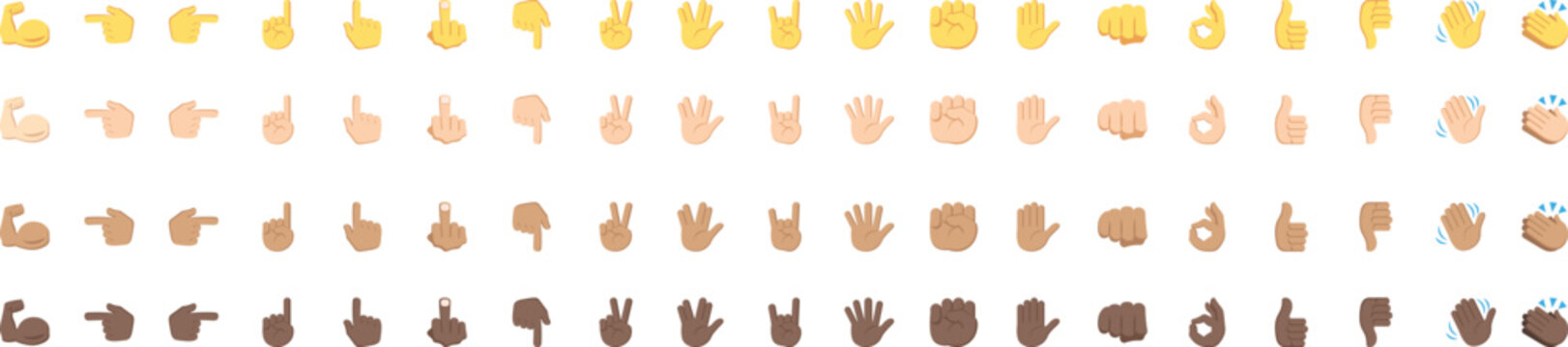 Collection of hand gesture emoji icons in multiple skin tones featuring thumbs up, pointing, clapping and peace signs for inclusive communication. Flat cartoon hand emoticons isolated on gray 