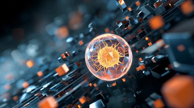 Abstract 3D Digital Technology Core Background with Glowing Orange Energy Sphere and Dark Blue Geometric Cube Structure. AI Processor Concept Design for Big Data, Quantum Computing, and Cybersecurity.