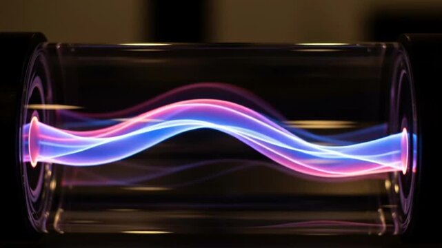 Plasma vortex energy flow in glass tube, abstract science, electric discharge, blue and pink light