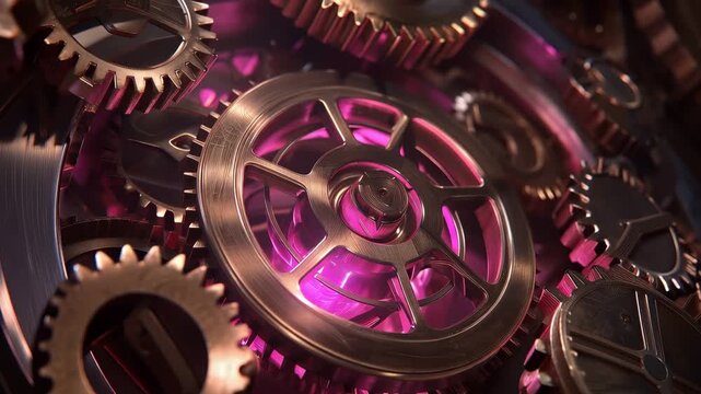 Abstract 3D Precision Industrial Gears Background with Metallic Bronze Structure and Purple Glowing Core. Steampunk Style Design for Engineering, Time Management, AI Logic, and Modern Manufacturing Co