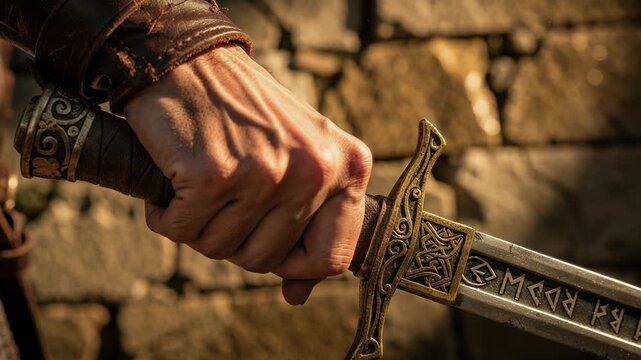 Warrior gripping ancient sword etched with mysterious runes ready for battle in fantasy setting
