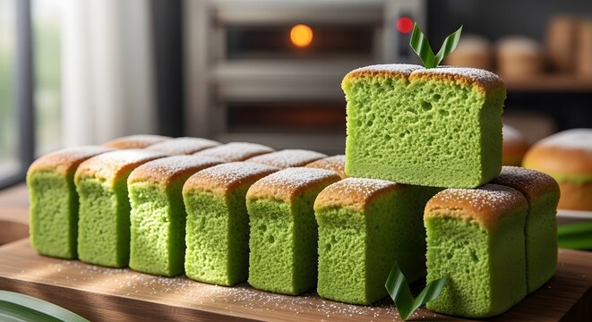 Slices of fluffy green pandan sponge cake topped with icing sugar and pandan leaves. Professional food photography in a warm bakery setting