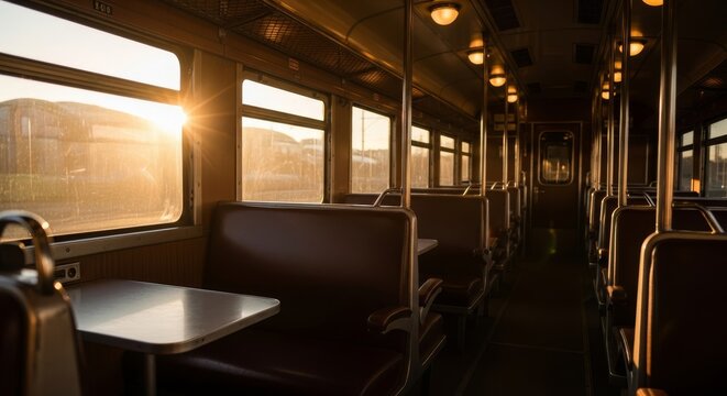 A serene interior of a vintage railcar featuring cozy seating and soft evening sunlight streaming through a large glass viewing window, cozy, warmth, fabric