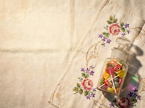 Top-down View of Vintage Glass Jar Filled with Colorful Candies on Floral Embroidered Linen
