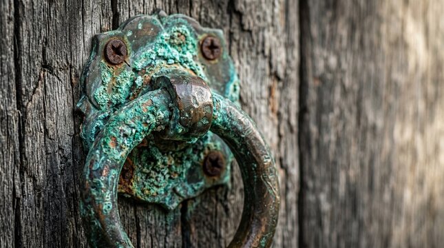 Macro Detail of Weathered Copper Hardware with Green Patina on Ancient Wood