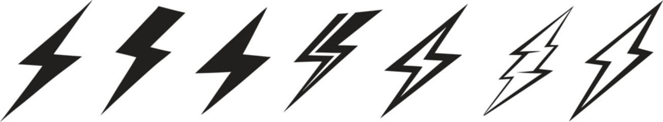 Lightning bolt vector icon collection with sharp electric flash symbols and thunder shapes. Modern energy graphics for warning signs, technology branding, gaming logos and power themes. Bold editable  © Parul