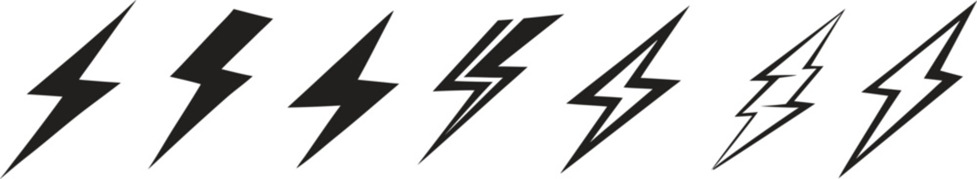 Lightning bolt vector icon collection with sharp electric flash symbols and thunder shapes. Modern energy graphics for warning signs, technology branding, gaming logos and power themes. Bold editable 