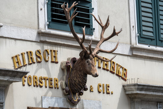 Stag head shop sign on historic building in Solothurn
