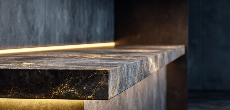 Modern Interior Design with Luxurious Marble Countertop and Ambient Lighting.