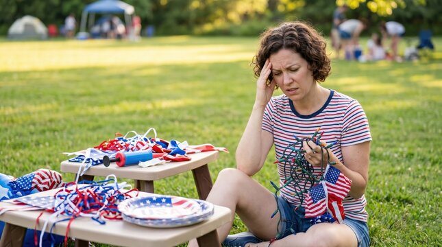 Stressed woman untangling string lights while preparing for an outdoor party in a park