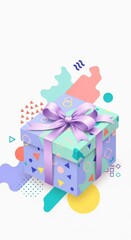 Obraz premium A modern flat illustration displays a festive birthday present in soft pastel tones, accented by abstract geometric patterns and shapes, decor, pink, pattern