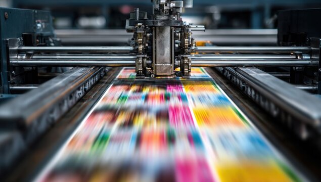 Industrial Printing Press Machine Producing Colorful Magazines at High Speed.