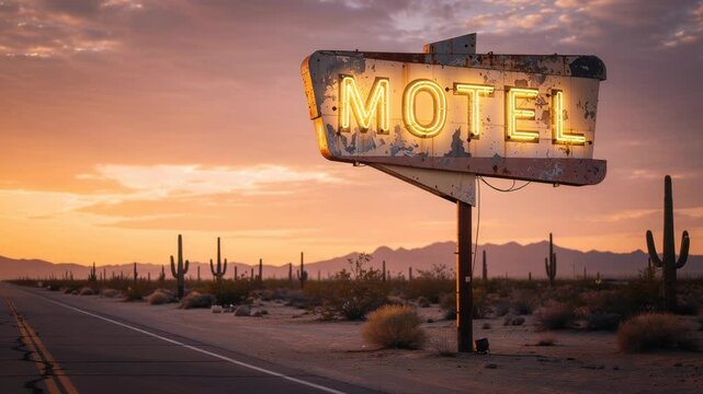 Weathered motel sign flickering at sunset along a lonely desert highway in scenic travel destination