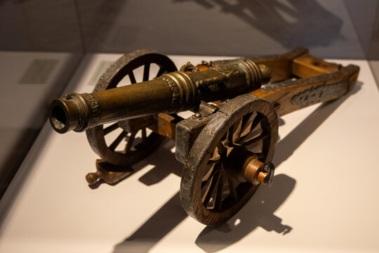 Homburg, Germany - 13 Jul 24: Historic cannon model on display at Blumenstein Museum